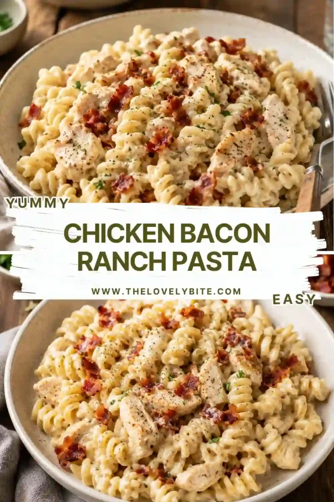 1. Creamy Chicken Bacon Ranch Pasta made with rotini, juicy chicken, turkey bacon, cheddar cheese, and ranch sauce served in a white bowl.