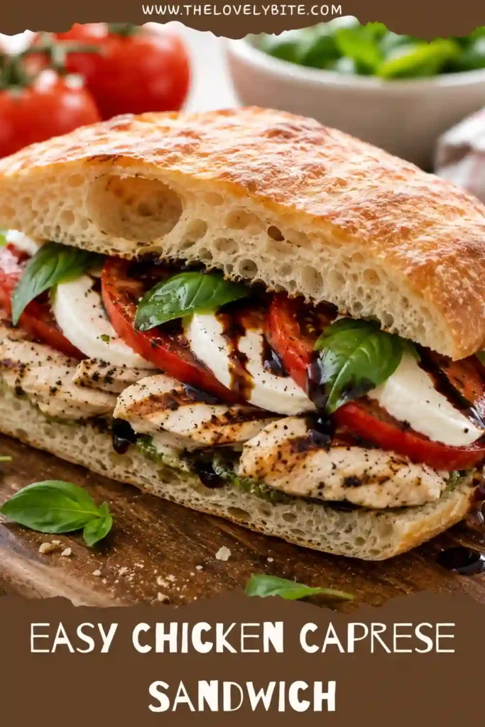 Freshly grilled Chicken Caprese Sandwich layered with juicy chicken, sliced mozzarella, ripe tomatoes, basil leaves, and balsamic glaze on toasted sourdough bread. This Italian-inspired sandwich looks fresh and hearty.