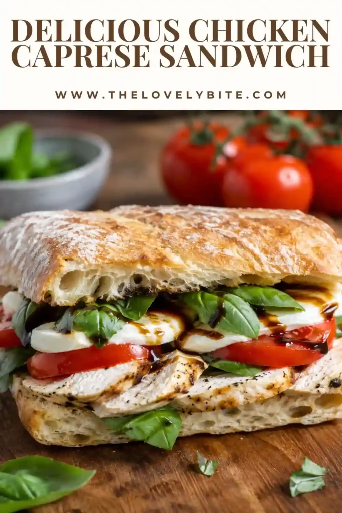 A close-up of a homemade Chicken Caprese Sandwich filled with grilled chicken breast, fresh mozzarella, tomatoes, basil, and balsamic glaze. The sandwich is served on crisp artisan sourdough.