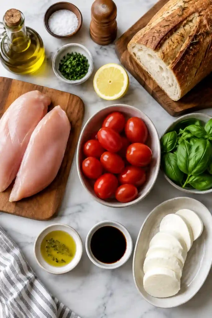 Homemade Chicken Caprese Sandwich with grilled chicken breast, sliced mozzarella, fresh basil, tomatoes, and balsamic glaze served on artisan sourdough bread.