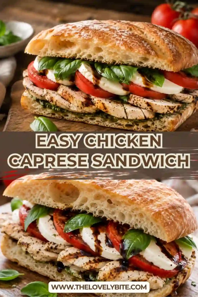 Italian-style Chicken Caprese Sandwich made with grilled chicken, basil, mozzarella cheese, tomatoes, and toasted sourdough bread. A flavorful homemade lunch or dinner recipe.