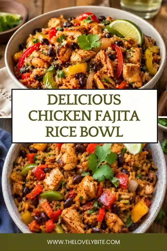 A colorful Chicken Fajita Rice Bowl served with seasoned chicken, bell peppers, black beans, tomatoes, brown rice, melted cheese, and fresh cilantro. This easy one pan dinner is perfect for weeknight meals.