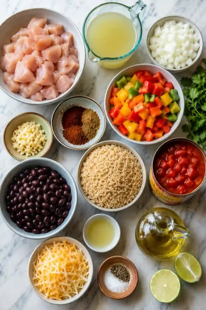 A fresh Chicken Fajita Rice Bowl served warm with lime wedges, shredded cheese, cilantro, peppers, and black beans in a large serving bowl.