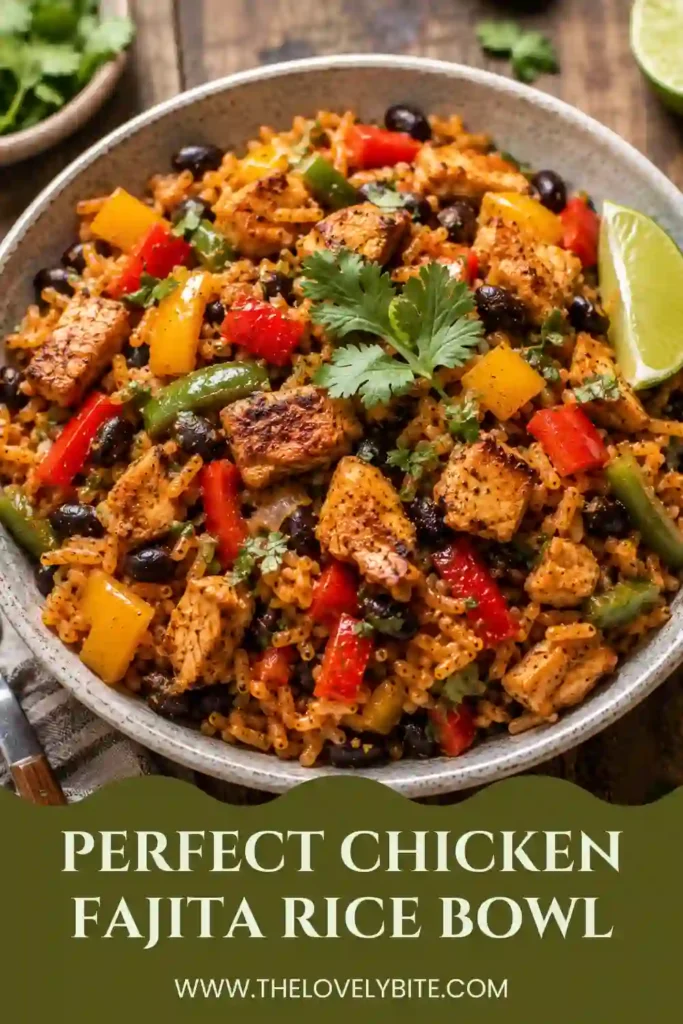 A close-up of a homemade Chicken Fajita Rice Bowl topped with cilantro, melted Mexican cheese, and fresh lime. An easy Tex-Mex skillet dinner full of flavor.