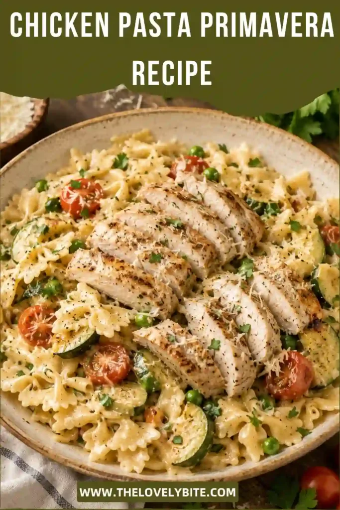 Close-up of creamy Chicken Pasta Primavera featuring grilled chicken breast, penne pasta, zucchini, tomatoes, peas, and freshly grated Parmesan cheese. Fresh parsley adds vibrant color.
