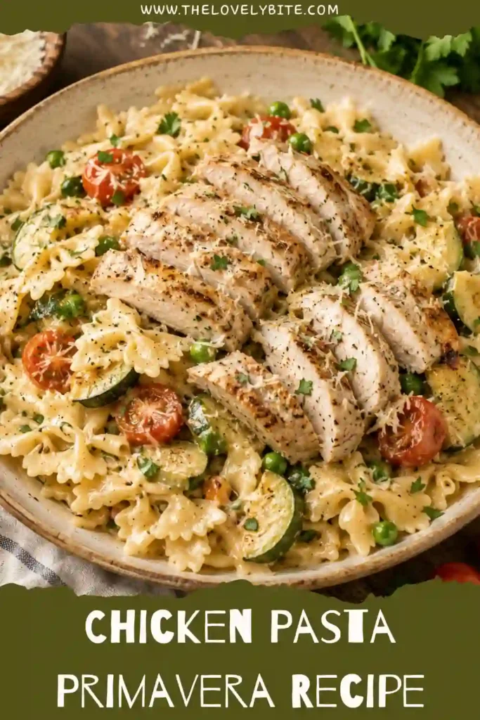 Fresh Chicken Pasta Primavera served in a white bowl with creamy sauce, juicy chicken slices, peas, tomatoes, zucchini, and Parmesan cheese. The dish looks rich, colorful, and satisfying.
