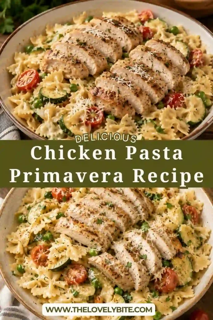 A bowl of Chicken Pasta Primavera topped with sliced grilled chicken, fresh zucchini, peas, grape tomatoes, and creamy Parmesan sauce. The pasta is garnished with freshly chopped parsley for a colorful finish.