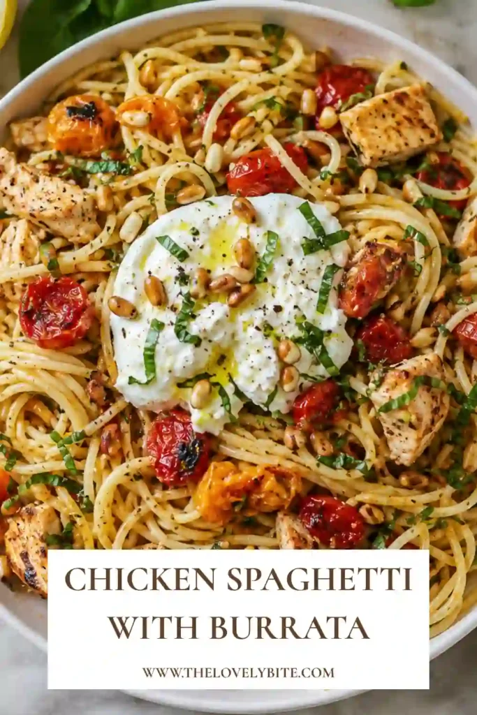 A bowl of Chicken Spaghetti with Burrata topped with roasted cherry tomatoes, fresh basil, and toasted pine nuts. The lemon butter garlic pasta is coated in a silky sauce and finished with creamy burrata cheese.