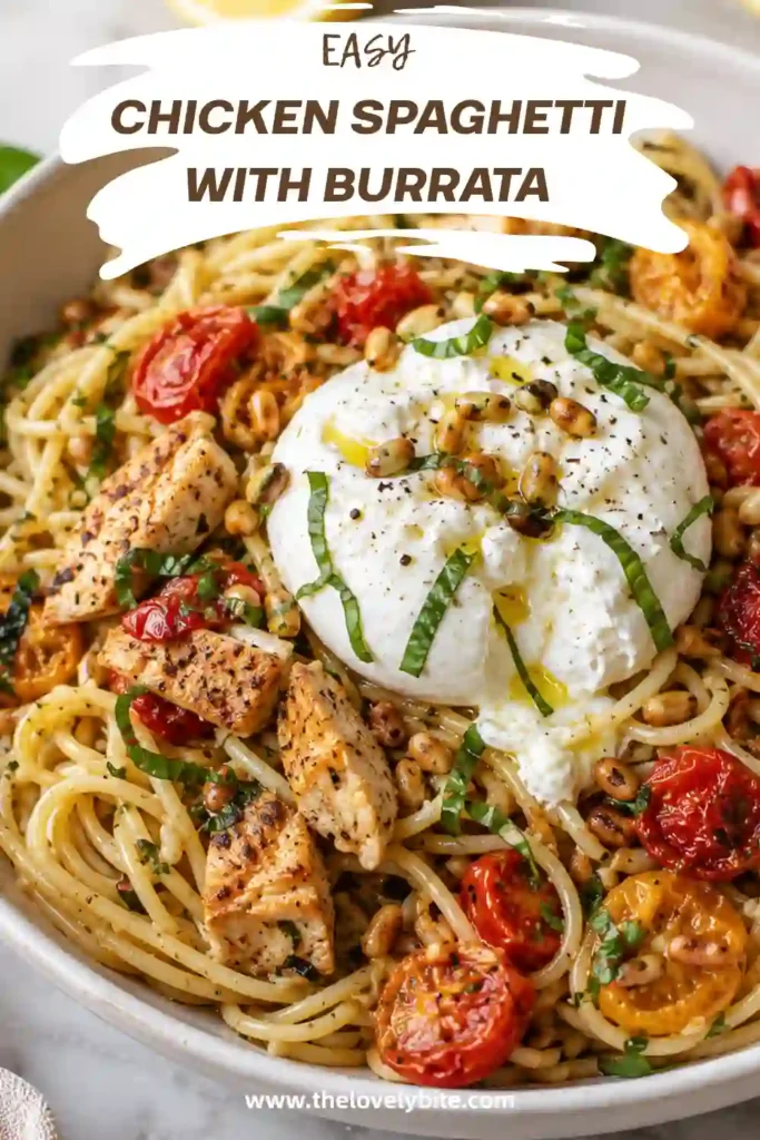 Fresh Chicken Spaghetti with Burrata served with roasted tomatoes and basil in a lemon butter garlic sauce. Toasted pine nuts add crunch to this easy Italian chicken pasta.