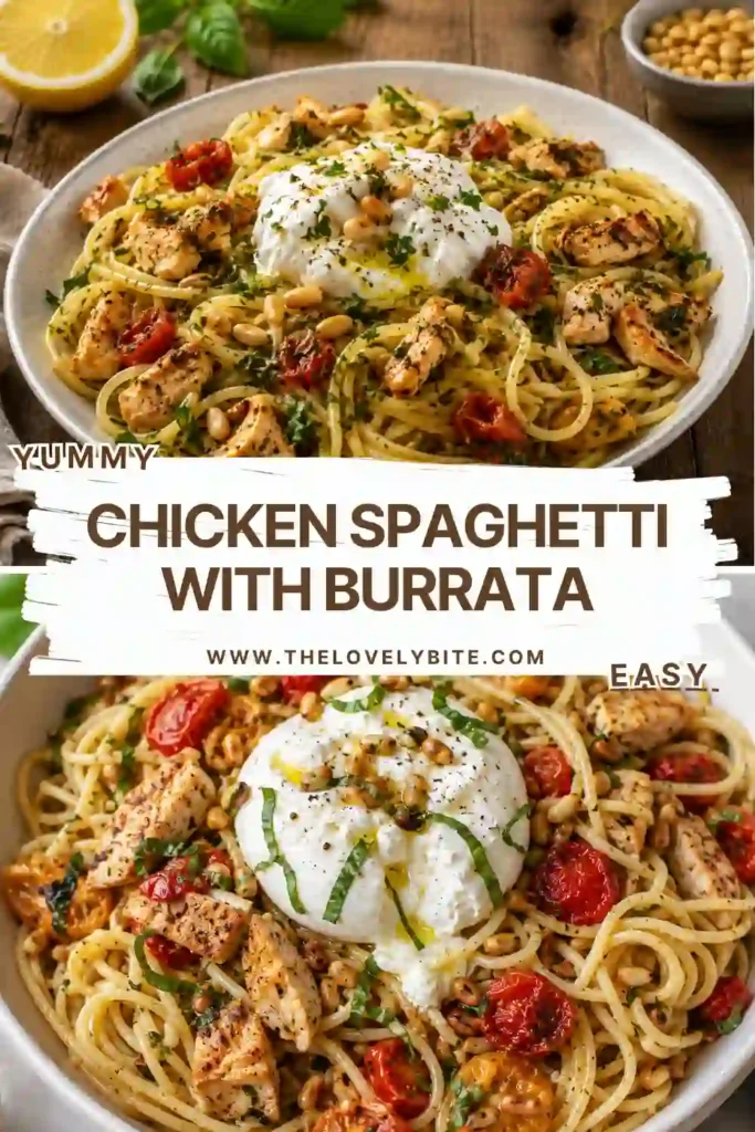 Italian-inspired Chicken Spaghetti with Burrata featuring buttery garlic spaghetti, roasted tomatoes, basil, and creamy cheese. A delicious family-friendly chicken pasta recipe.