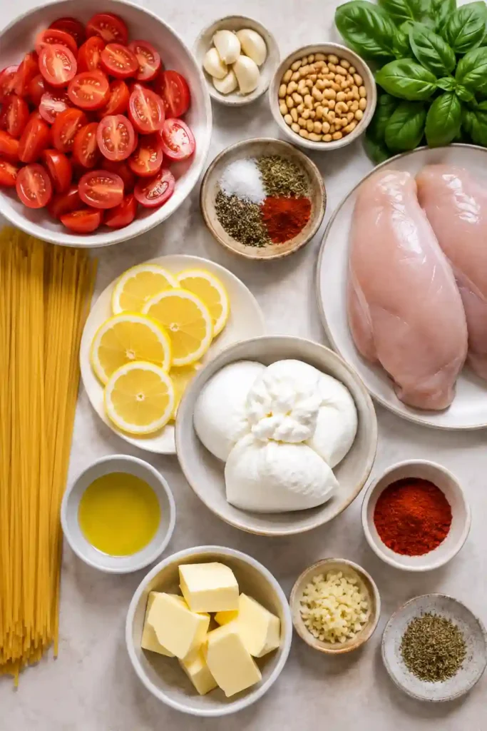 A serving of Chicken Spaghetti with Burrata garnished with basil and toasted pine nuts on a white plate. The buttery lemon garlic sauce coats every strand of spaghetti.