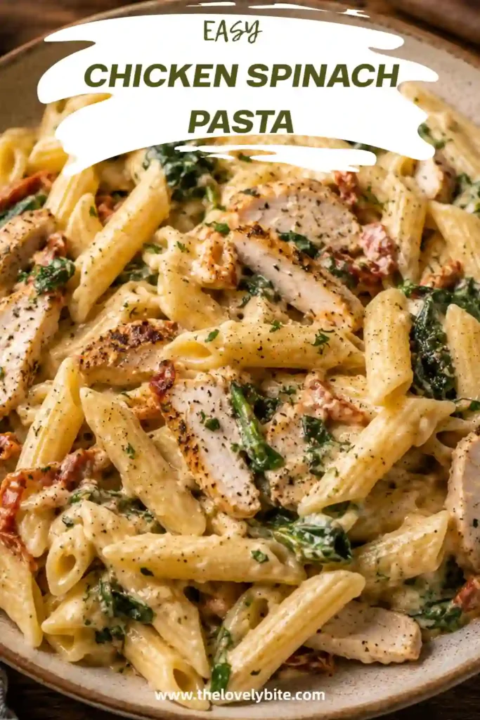 Close-up of Chicken Spinach Pasta topped with grated Parmesan and chopped parsley. The creamy sauce blends perfectly with the tender chicken and pasta.