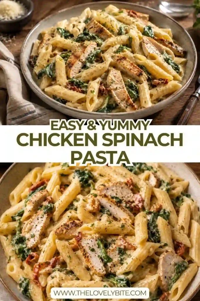 Creamy chicken pasta served with fresh spinach, grated Parmesan, and parsley in a white serving bowl. The sauce is rich, smooth, and coats every piece of pasta.