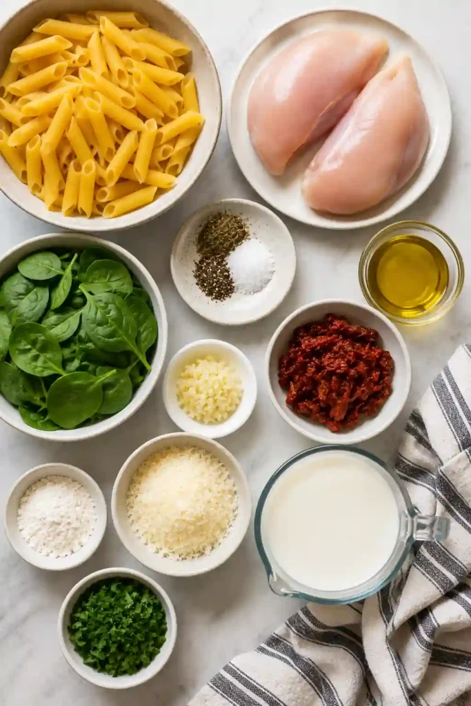 A comforting pasta dish with grilled chicken, spinach, Parmesan cheese, and sun-dried tomatoes served warm in a large bowl.