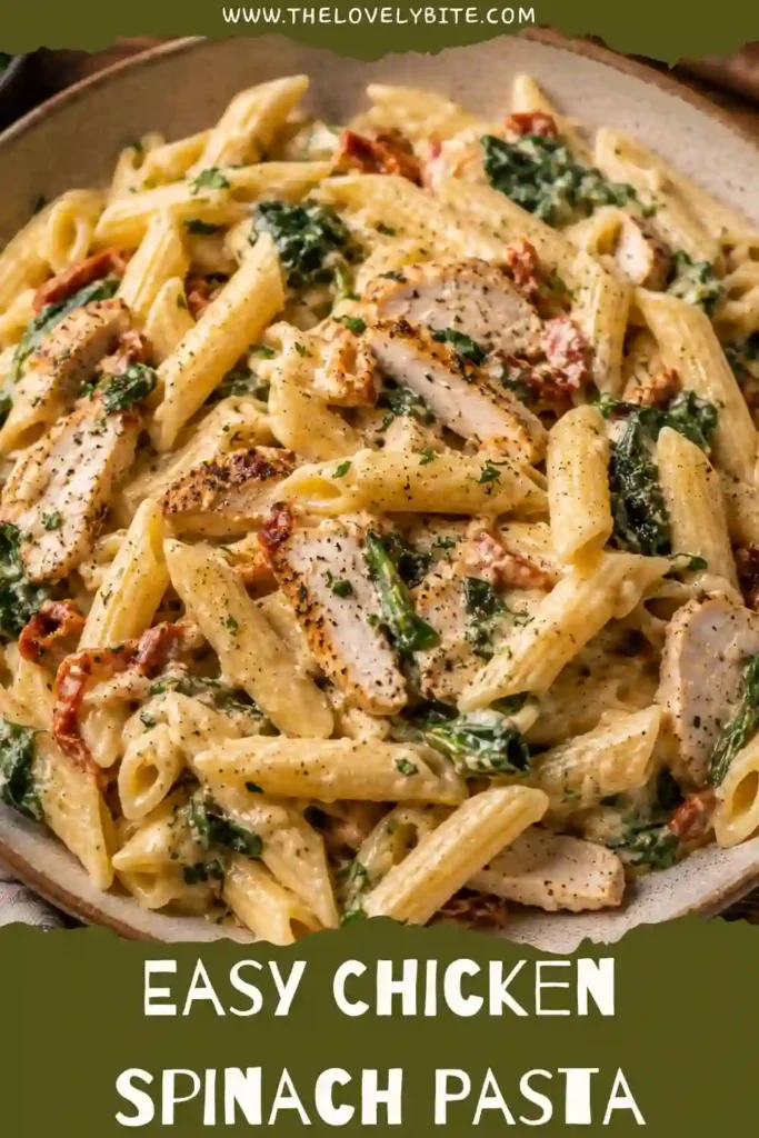 A bowl of creamy Chicken Spinach Pasta made with sliced chicken breast, fresh spinach, sun-dried tomatoes, Parmesan cheese, and parsley. The pasta is coated in a rich garlic cream sauce.Creamy Chicken Spinach Pasta with Parmesan garlic sauce