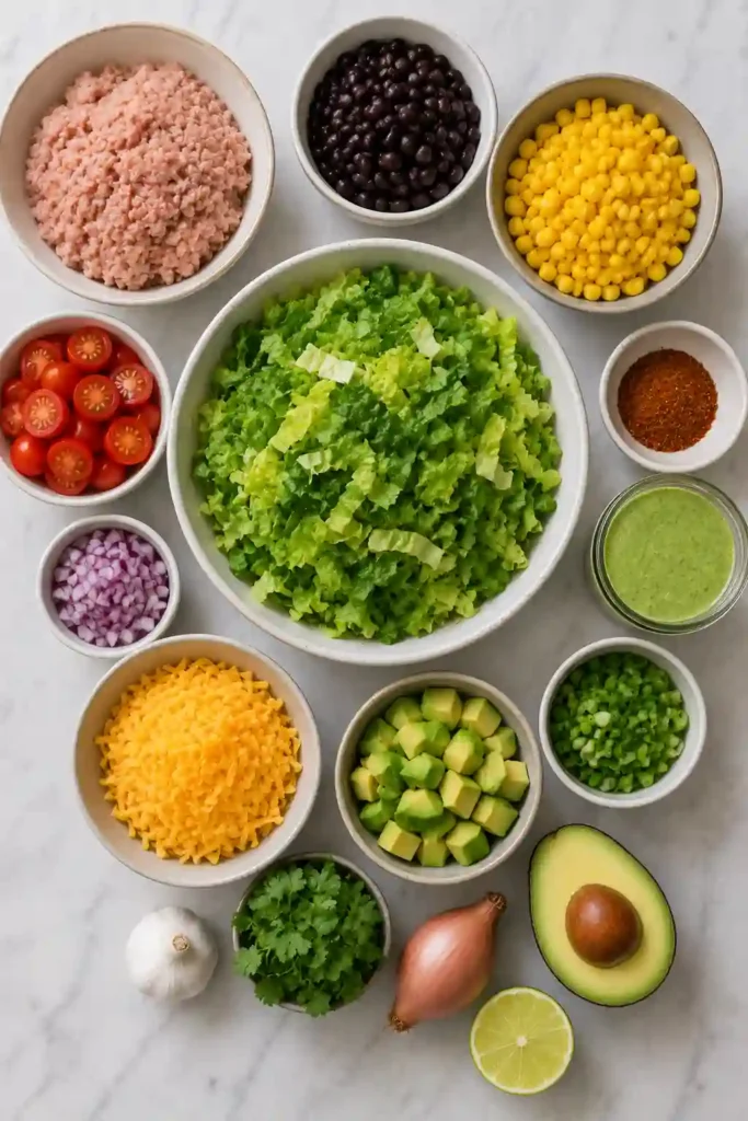 Fresh Chicken Taco Salad featuring black beans, corn, tomatoes, avocado, cheddar cheese, and cilantro dressing.