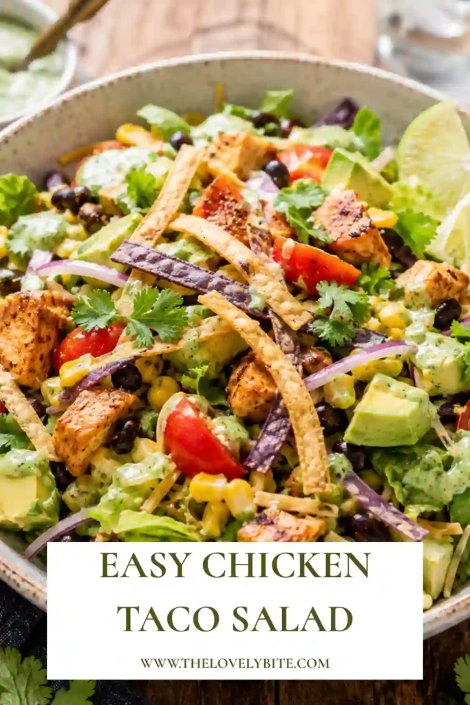 Chicken Taco Salad with seasoned ground chicken, romaine lettuce, avocado, black beans, corn, tomatoes, cheddar cheese, and cilantro.