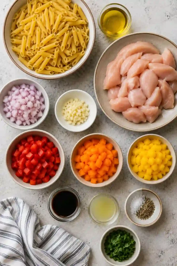 Healthy Chicken Vegetable Skillet Pasta prepared with lean chicken breast, sweet bell peppers, shallots, garlic, and penne pasta in a flavorful skillet meal.