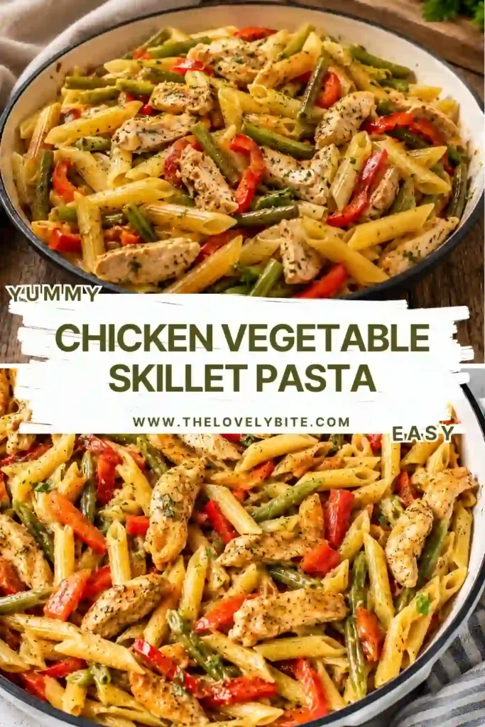 Close-up of Chicken Vegetable Skillet Pasta served with fresh parsley and vibrant vegetables. The light olive oil and balsamic sauce coats every bite beautifully.