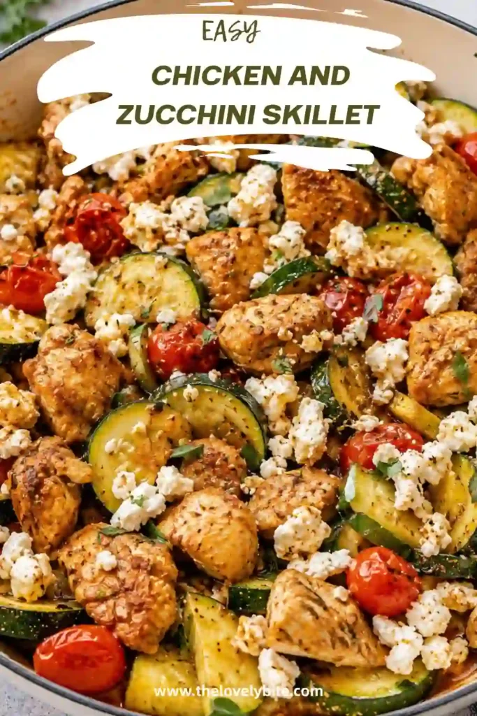 Easy Chicken and Zucchini Skillet topped with creamy feta cheese and fresh herbs for a healthy Mediterranean-inspired meal.