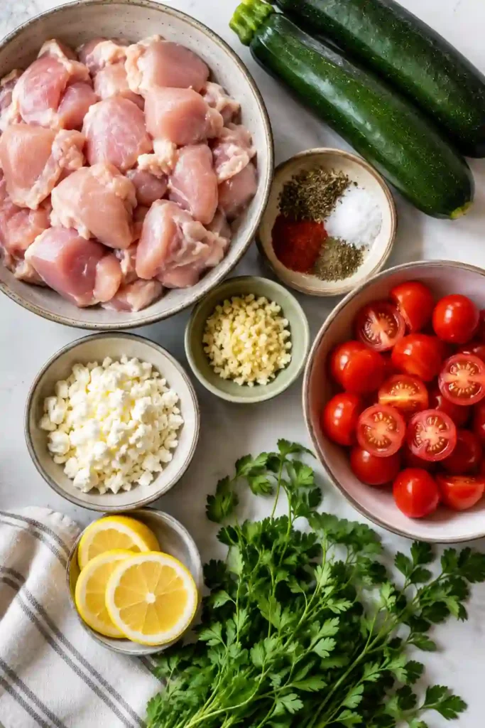 One Pan Chicken and Zucchini Skillet featuring golden chicken, zucchini, cherry tomatoes, lemon, and feta cheese.