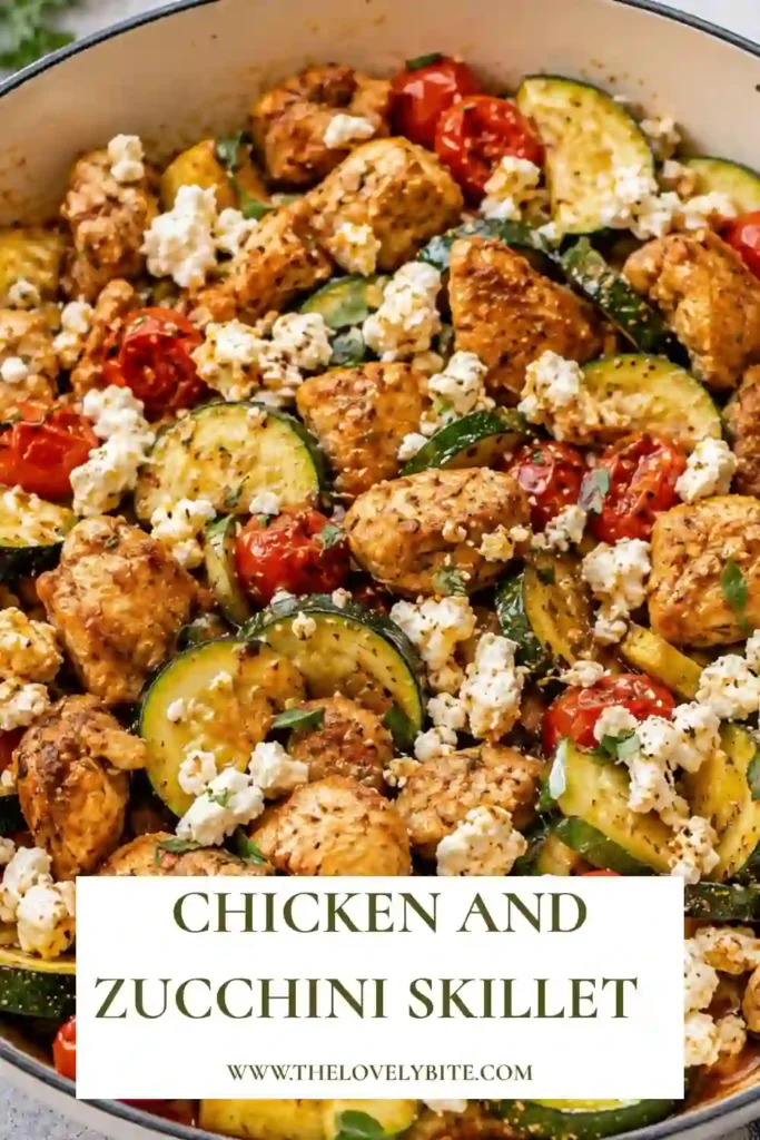 Chicken and Zucchini Skillet with juicy chicken thighs, tender zucchini, cherry tomatoes, garlic, lemon, and crumbled feta cheese served in a skillet.