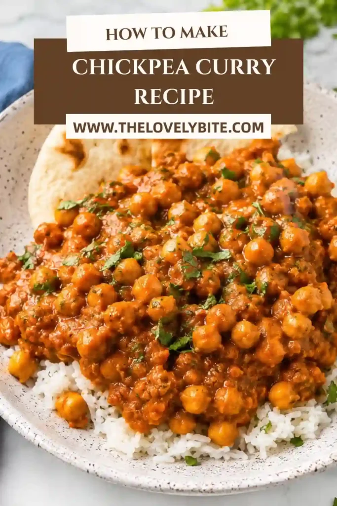 Easy homemade Chickpea Curry with tender chickpeas simmered in a rich coconut tomato sauce. Served with warm naan for a comforting vegan dinner.