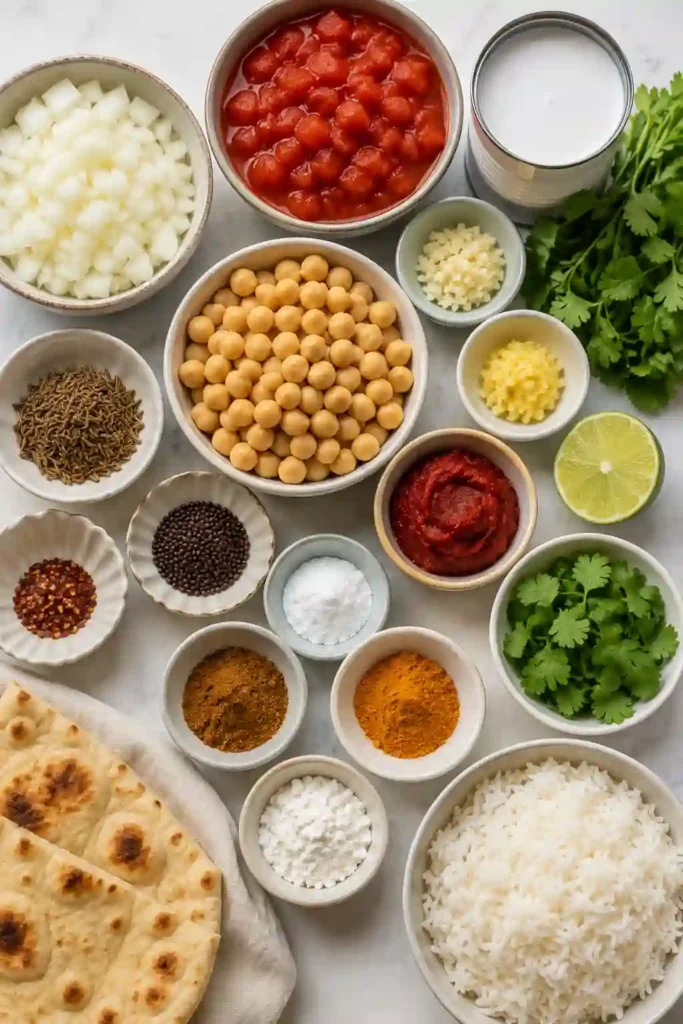 A bowl of creamy Chickpea Curry made with coconut milk, tomatoes, and aromatic Indian spices. Garnished with fresh cilantro and served over fluffy basmati rice.