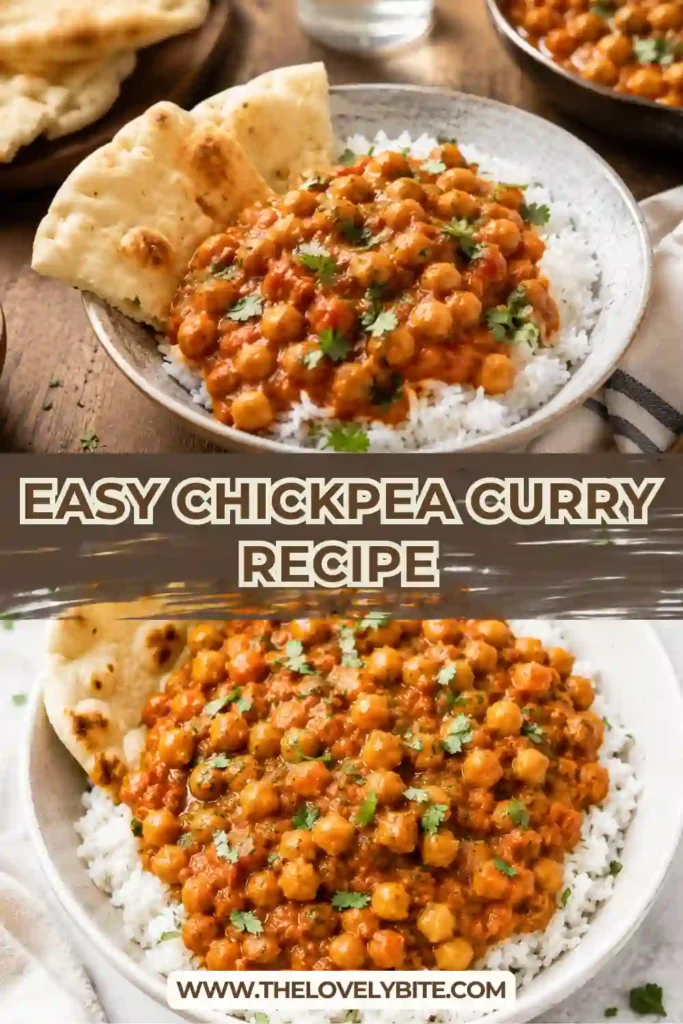Indian-inspired Chickpea Curry served with basmati rice and fresh cilantro. Rich, creamy, and packed with comforting flavors.