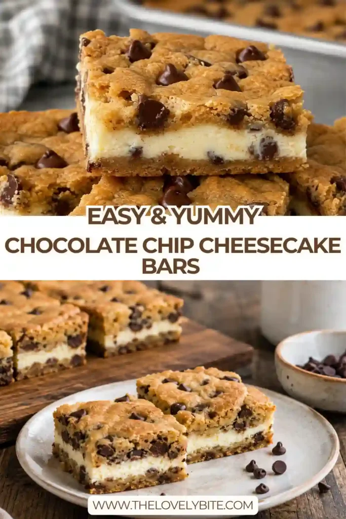 Freshly sliced Chocolate Chip Cheesecake Bars with creamy cheesecake layered between golden chocolate chip cookie dough. These easy cheesecake bars have a rich texture and beautiful golden finish.