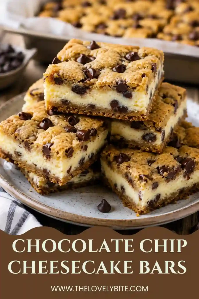 A close-up of homemade Chocolate Chip Cheesecake Bars showing creamy cheesecake filling and soft chocolate chip cookie layers. Perfect for parties, holidays, and family desserts.