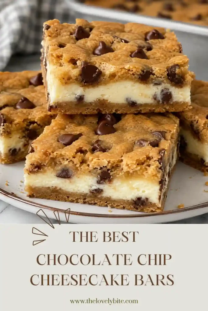 Chocolate Chip Cheesecake Bars arranged on a serving platter with visible creamy cheesecake layers and golden cookie crust. An easy homemade dessert everyone loves.