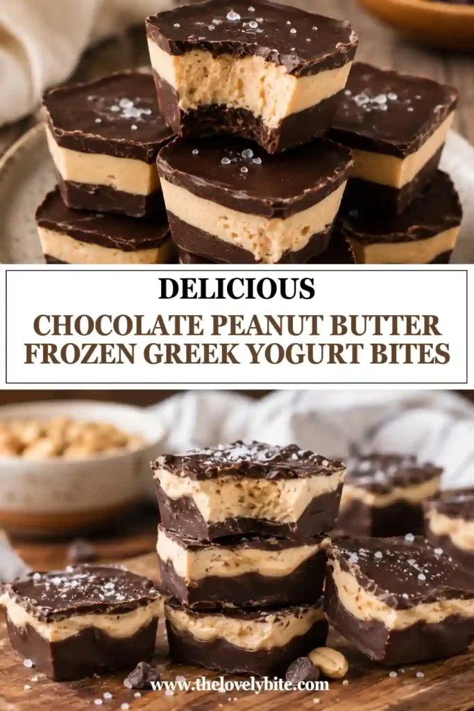 Chocolate Peanut Butter Frozen Greek Yogurt Bites coated in a crisp dark chocolate shell with a creamy peanut butter and Greek yogurt filling. These healthy frozen snacks are perfect for dessert or a high protein snack.