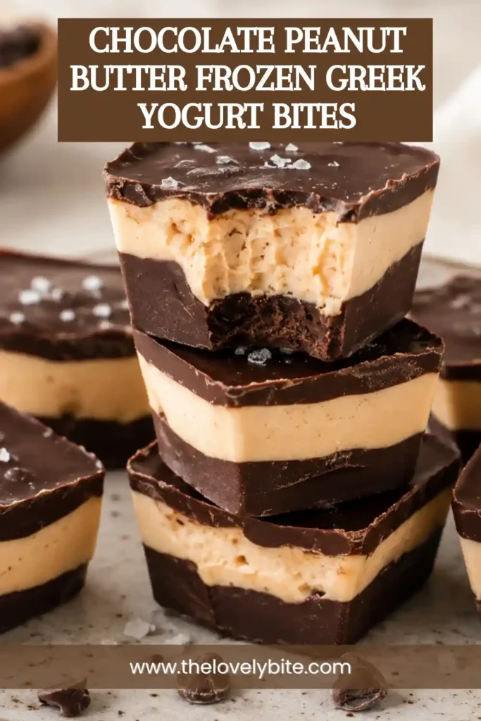Homemade Chocolate Peanut Butter Frozen Greek Yogurt Bites served on a chilled plate. Each bite features a smooth yogurt center with a crunchy chocolate coating.
