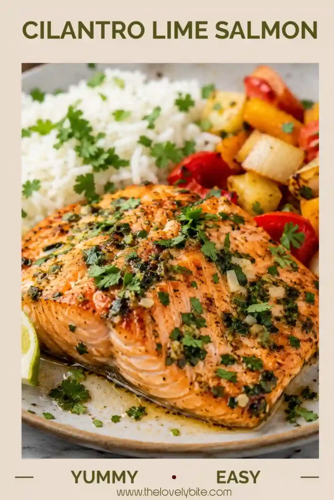 Tender Cilantro Lime Salmon garnished with fresh herbs and citrus. This healthy salmon dinner is packed with fresh Mediterranean-inspired flavors.