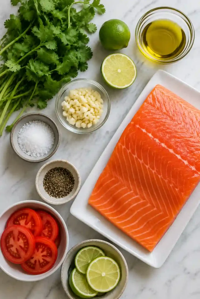 A healthy baked salmon recipe finished with fresh cilantro, garlic, and lime juice. Bright colors and fresh herbs make this dinner both flavorful and inviting.