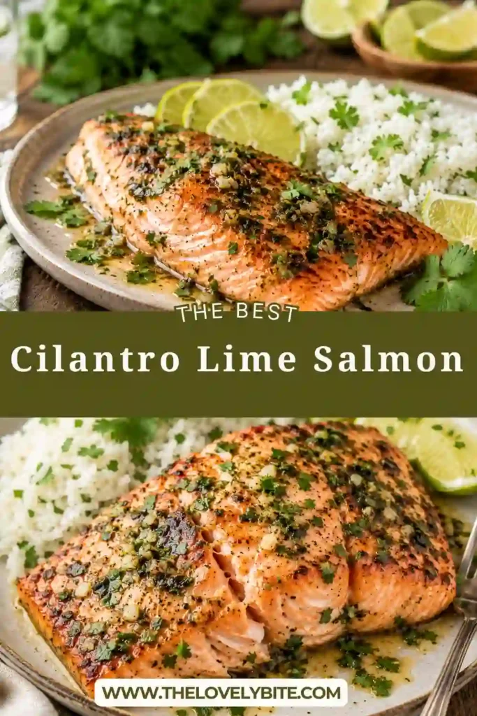 Oven baked salmon served with vibrant garlic cilantro sauce, juicy tomatoes, and fresh lime slices. This easy salmon recipe is perfect for weeknight dinners.