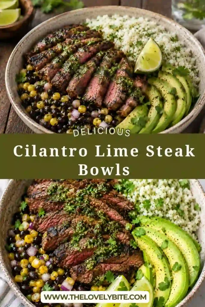 Fresh Cilantro Lime Steak Bowls served with sliced flank steak, cilantro lime rice, avocado, black beans, corn, lettuce, and salsa. This colorful steak rice bowl is perfect for a healthy family dinner.