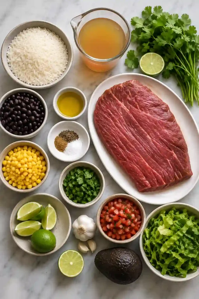 Homemade Cilantro Lime Steak Bowls served with lime wedges, fresh cilantro, black beans, avocado, and salsa for a complete balanced meal.