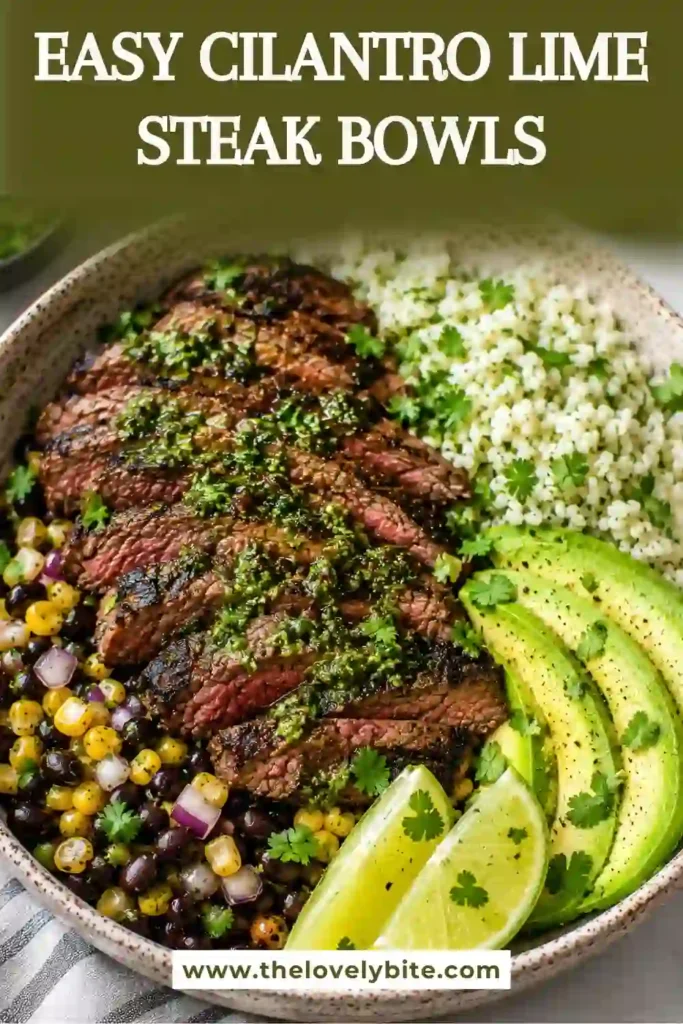 A healthy steak rice bowl featuring grilled flank steak, cilantro lime rice, avocado, and colorful vegetables arranged in a serving bowl. Perfect for meal prep or easy dinners.
