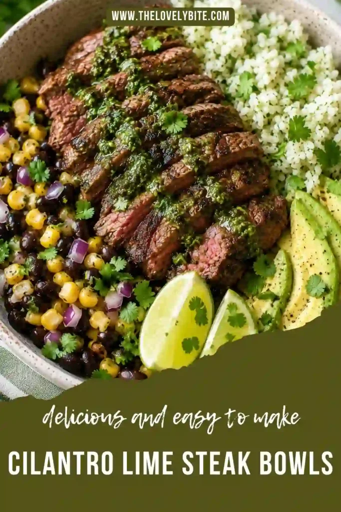 Close-up of Cilantro Lime Steak Bowls topped with juicy steak slices, fresh avocado, roasted corn, and black beans over seasoned rice.
