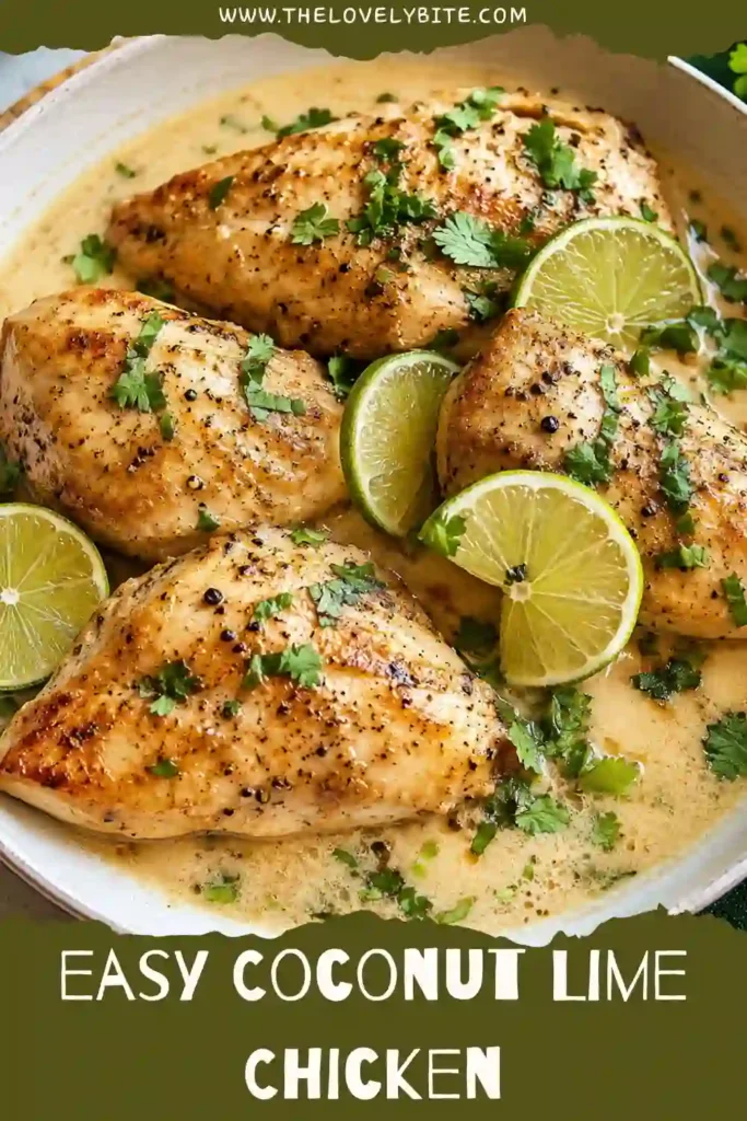 Juicy Coconut Lime Chicken topped with chopped cilantro and creamy coconut sauce. This easy one pan chicken dinner is dairy-free and full of fresh citrus flavor.