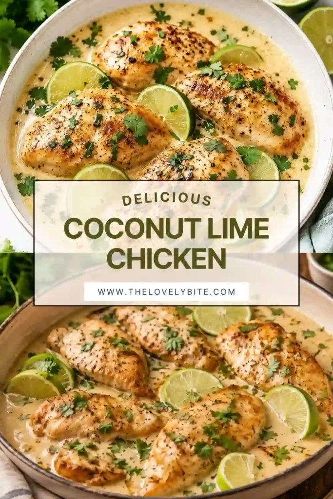 Chicken with coconut milk simmering in a creamy garlic lime sauce inside a skillet. A simple family meal with vibrant flavors and tender chicken.