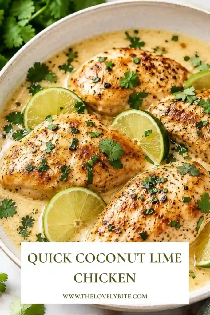Golden chicken breasts served with creamy coconut lime sauce and fresh herbs. This coconut chicken recipe is perfect with rice or roasted vegetables.