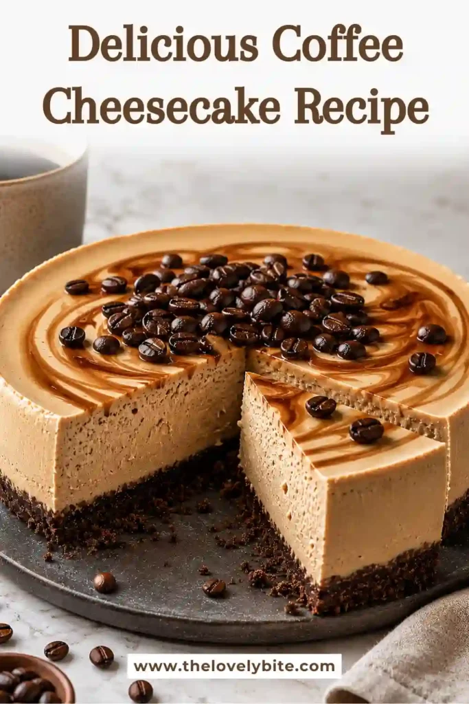 Freshly baked Coffee Cheesecake topped with whipped cream, chocolate shavings, and coffee beans. The creamy espresso filling sits on a crisp chocolate cookie crust.