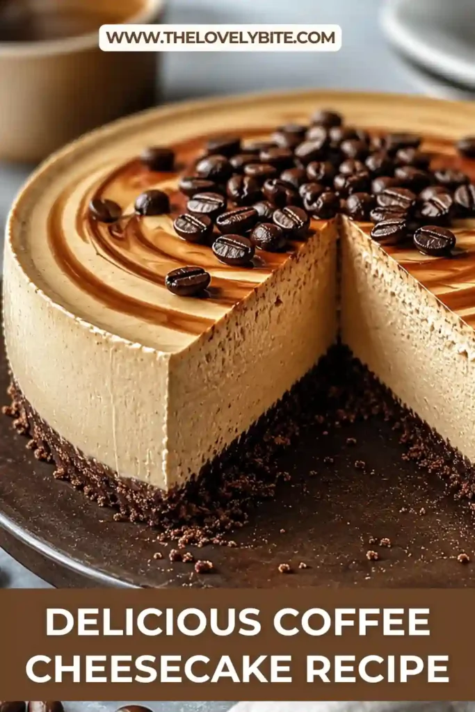 A rich baked coffee cheesecake with a smooth espresso-flavored filling and buttery chocolate cookie crust. Finished with fluffy whipped cream for an elegant dessert.