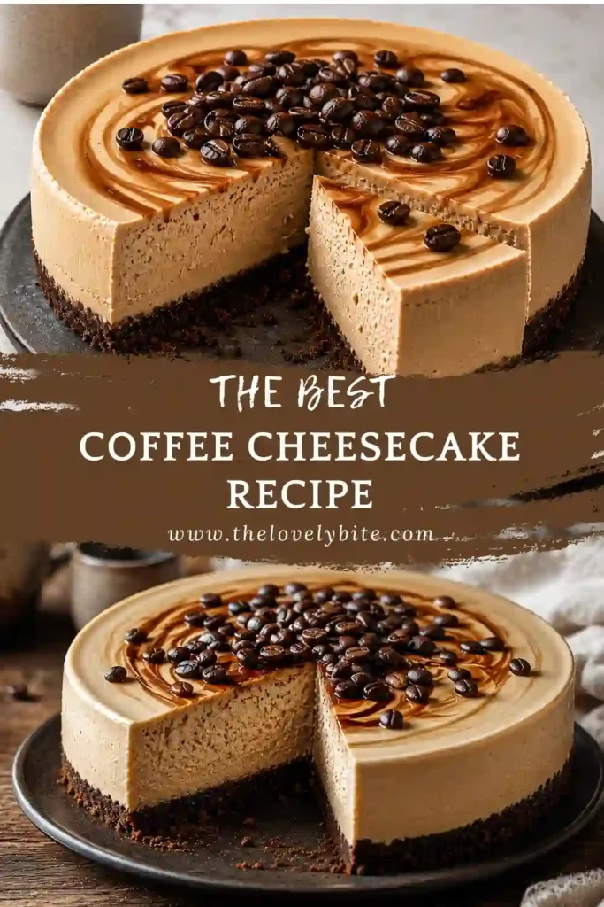 Creamy Coffee Cheesecake sliced on a serving plate with whipped topping and cocoa powder. Perfect homemade dessert for coffee lovers.