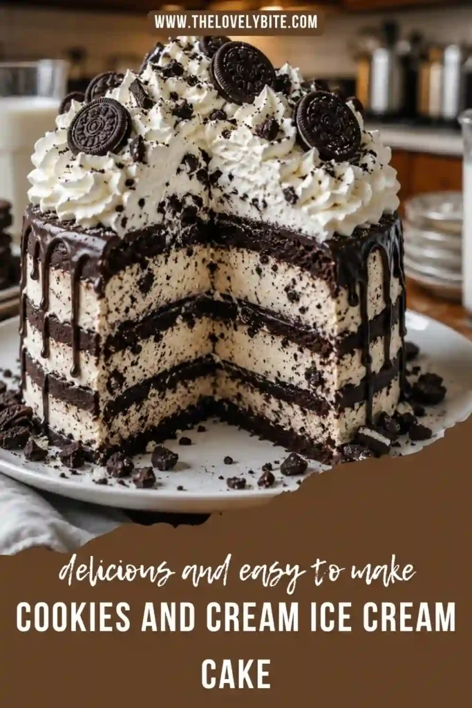 A slice of Cookies and Cream Ice Cream Cake served on a dessert plate with visible cookie layers and whipped cream topping. The frozen cake is rich, creamy, and beautifully presented.