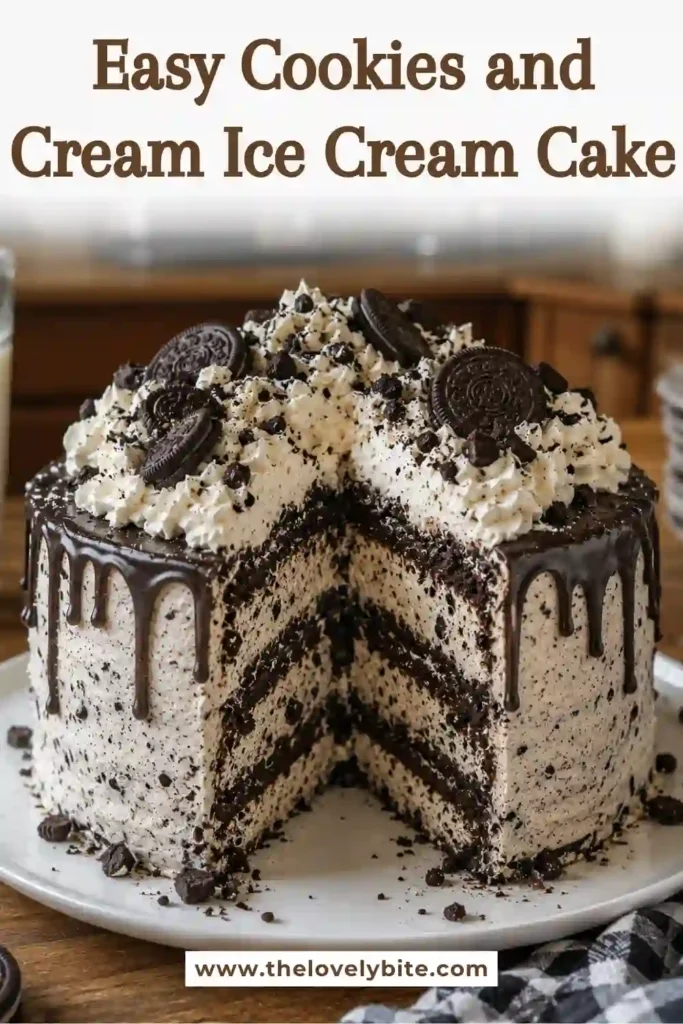 Homemade Cookies and Cream Ice Cream Cake garnished with crushed chocolate cookies and whipped cream. The smooth layers create a refreshing frozen dessert perfect for warm weather.