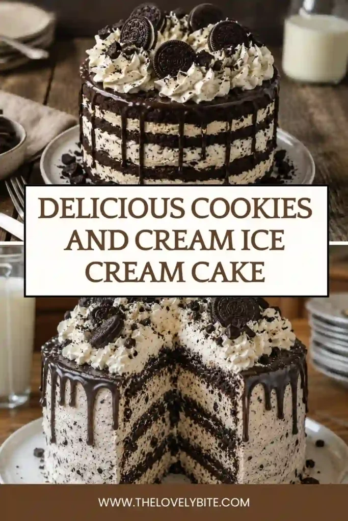 A beautifully decorated Cookies and Cream Ice Cream Cake sliced and ready to serve. The whipped cream topping and cookie garnish make this frozen dessert perfect for parties.